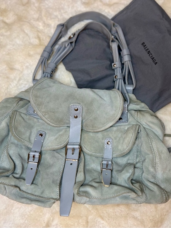 Balenciaga Handbags - Balenciaga Pale Blue Suede Satchel with Buckle Details
